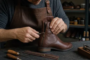 Reparação de zíper de bota sendo realizada por sapateiro.